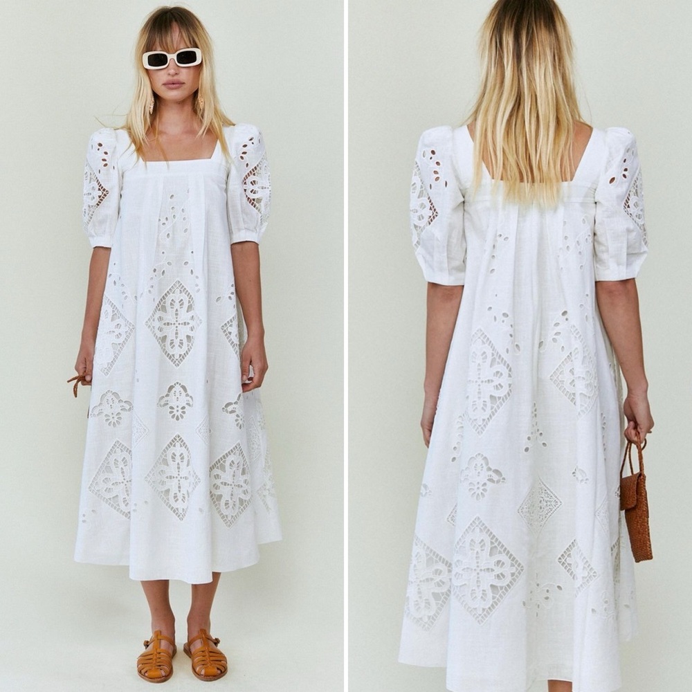 Hunter Bell Waverly Cream Eyelet Midi Dress Cotton Size Medium NWOT - Picture 2 of 15